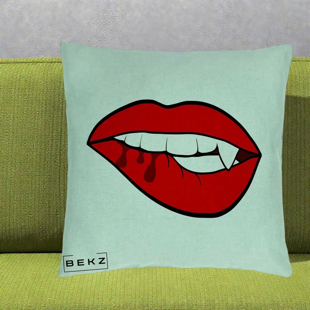 Perna Decorativa Vampire Lips Halloween, 40x40 cm, Verde Menta, Husa Detasabila, Perna Inclusa, BEKZ®