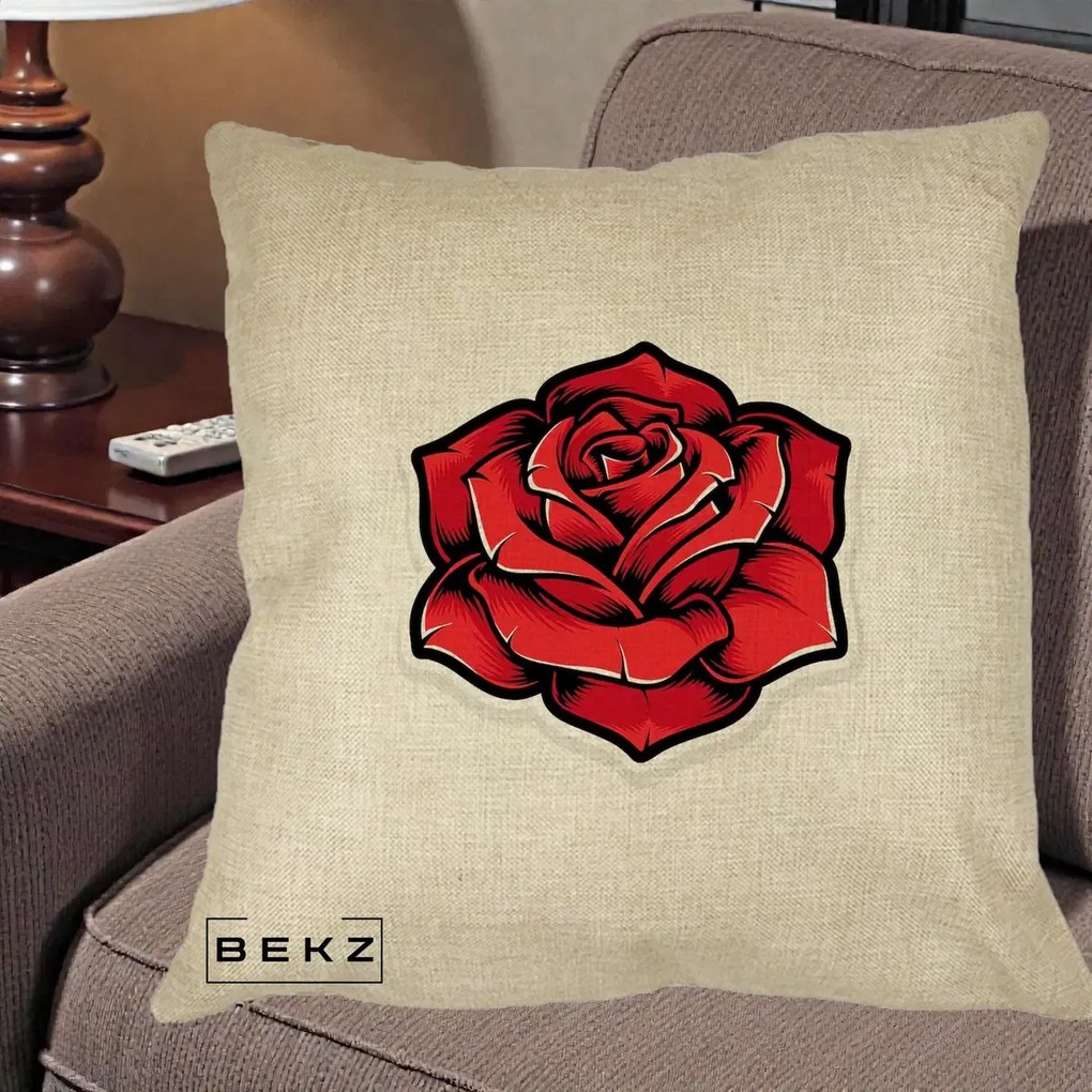 Perna Decorativa Trandafir Rosu Tattoo, 40x40 cm, Crem, Husa Detasabila, Perna Inclusa, BEKZ®