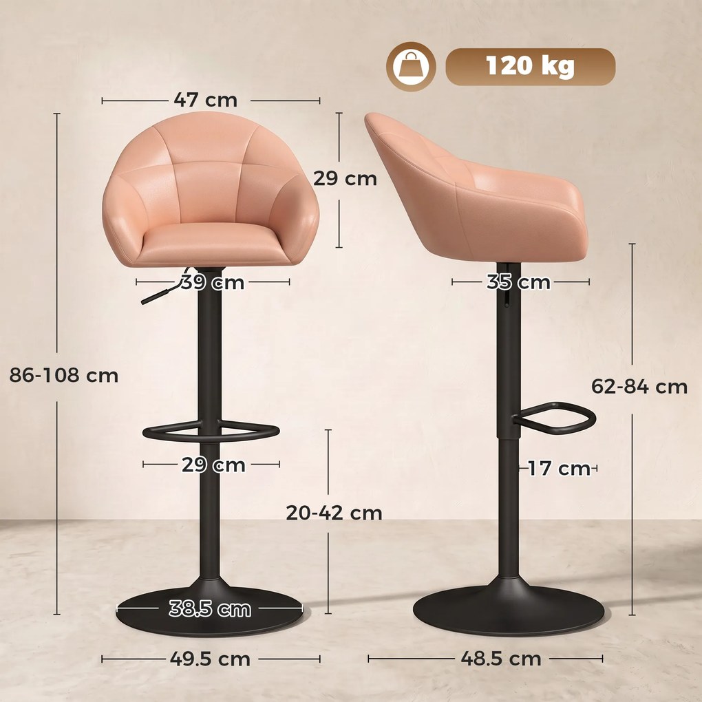 HOMCOM Set 2 Scaune de Bar din Piele Ecologică cu Spătar, Brațe și Înălțime Reglabilă, Maro | Aosom Romania
