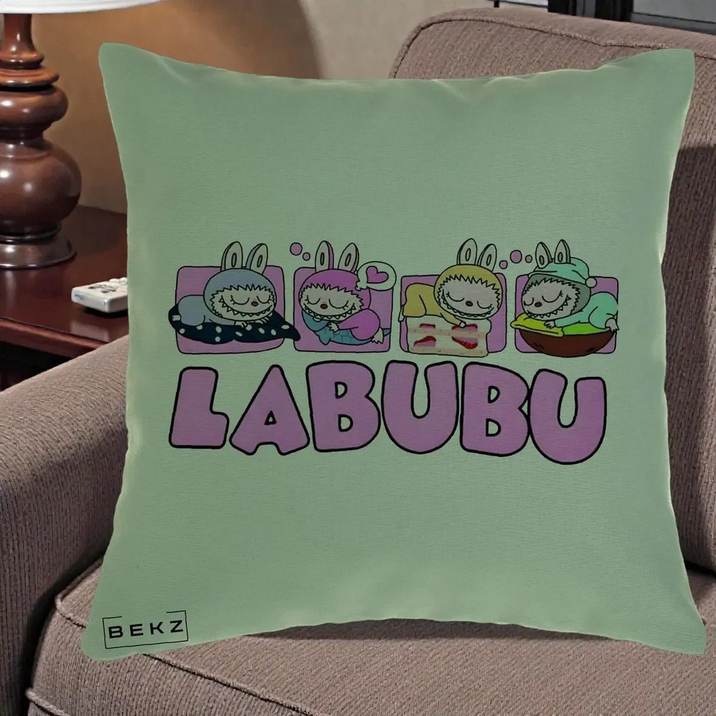 Perna Personalizata Labubu Sleeping Quad, 40x40 cm, Verde, Husa Detasabila, Perna Inclusa, BEKZ®