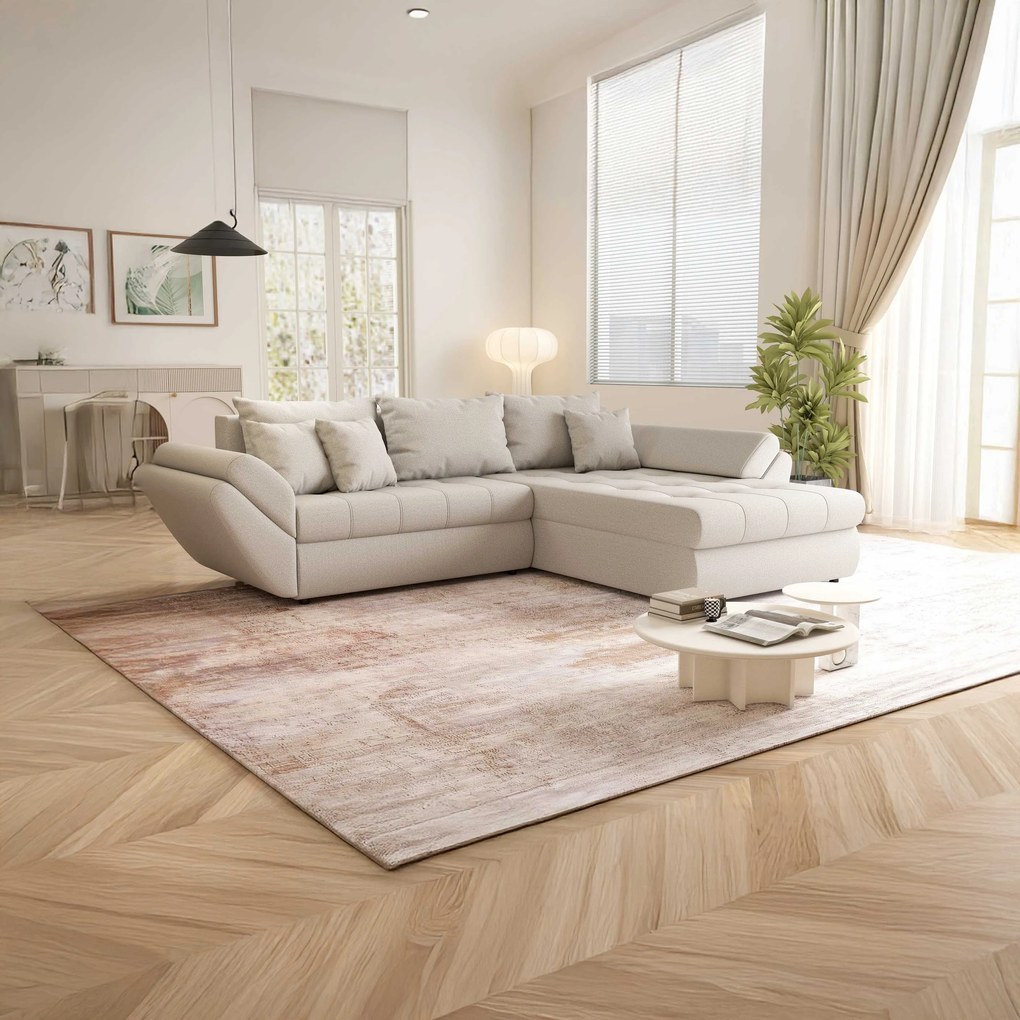 Colțar extensibil dumonde cu ladă de depozitare si sezut confortabil din spuma high-density, Loana Enjoy Bej II 270x185 cm