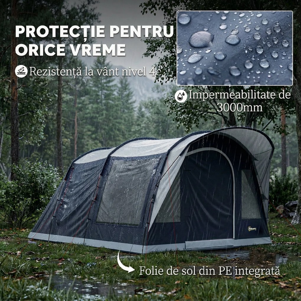 Outsunny Cort de Camping Tunel pentru 2-4 Persoane, Înălțime 213cm, cu 2 Camere, Cort Familial Impermeabil 3000mm cu Verandă, Ferestre, Buzunare, Cârlig și Geantă de Transport, Bleumarin | Aosom Romania