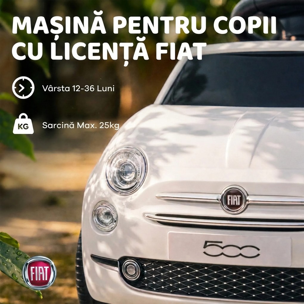 AIYAPLAY Mașinuță de Împins pentru Copii cu Licență Fiat, Muzică, Claxon, Anti-Răsturnare și PP, Alb | Aosom Romania