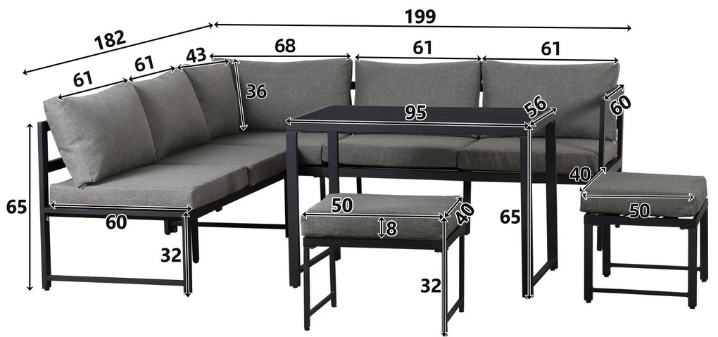 Set de mobilier de grădină din 5 piese, grup de ședere cu spătar reglabil, Negru+Gri