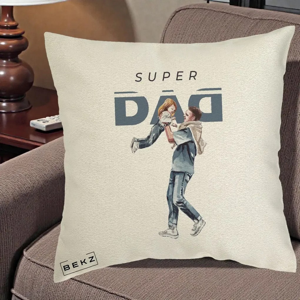 Cadou pentru Tata - Perna Personalizata Super DAD Tata si Fiica, 40x40 cm, Ecru, Husa Detasabila, Perna Inclusa, BEKZ®