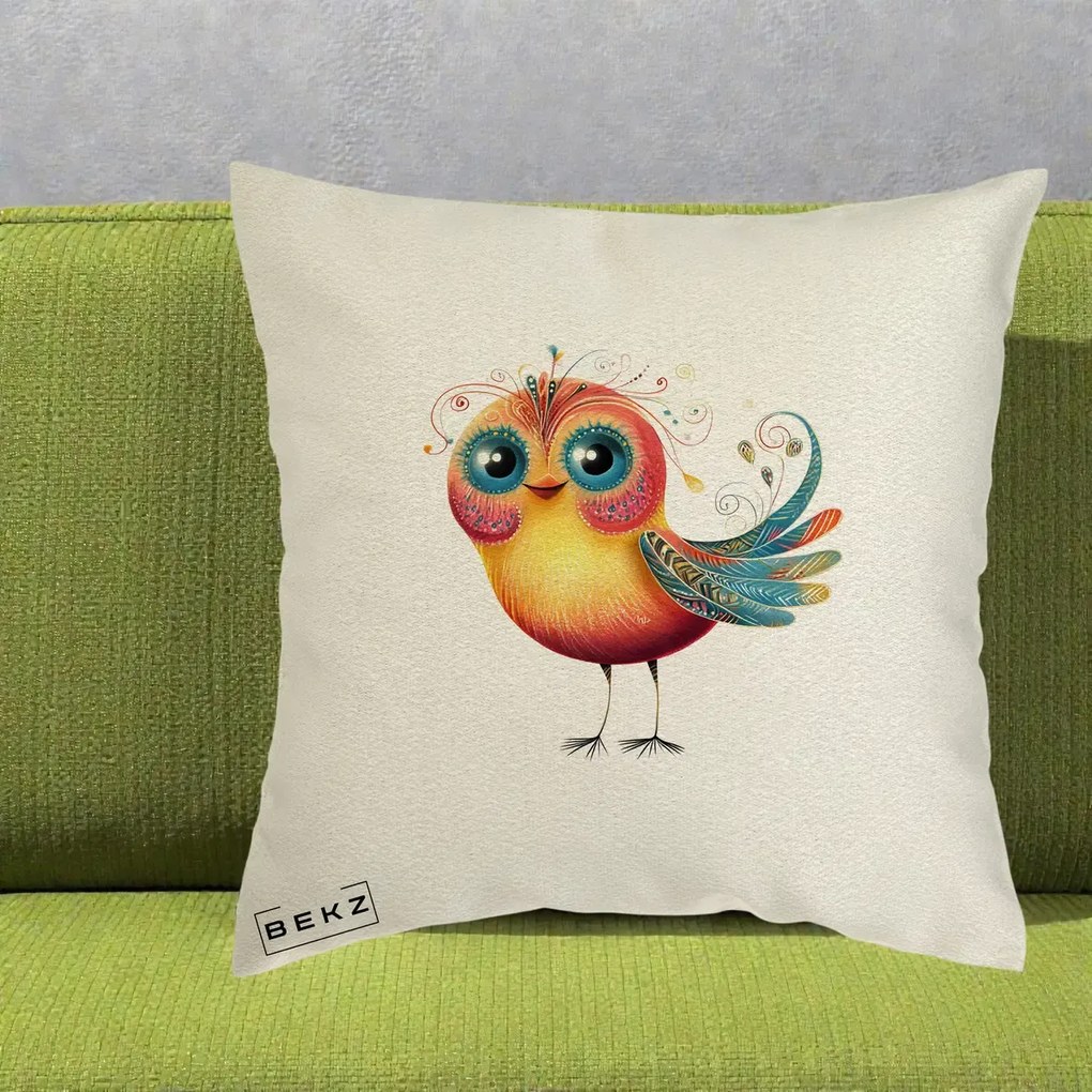 Perna Decorativa Pasare Vibranta cu Aripi Ornamentale, 40x40 cm, Ecru, Husa Detasabila, Perna Inclusa, BEKZ®