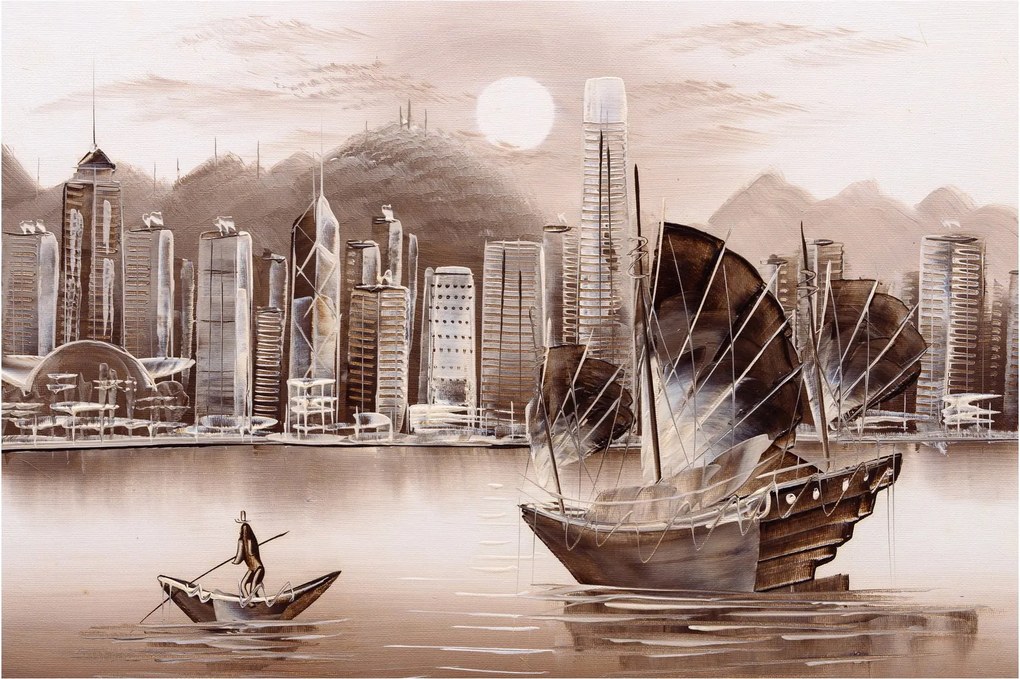 Tablou - Victoria Harbour, Hong Kong, efect sepia (90x60 cm)