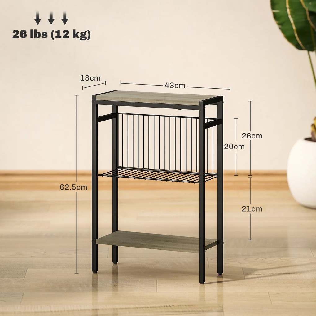 HOMCOM Masă auxiliară îngustă cu 3 nivele cu rafturi de depozitare, cadru din oțel, pentru sufragerie, dormitor, 43x18x62,5cm, gri | Aosom Romania