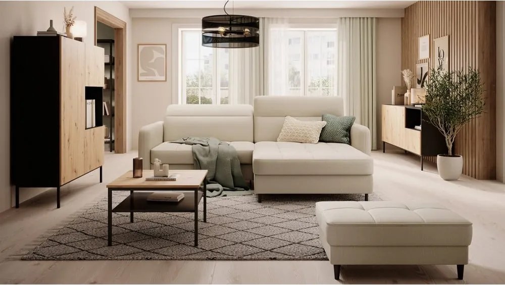 Colțar bej extensibil/cu spațiu de depozitare cu tapițerie din catifea (cu colț pe partea dreaptă/cu șezlong) Gomsi – ELTAP