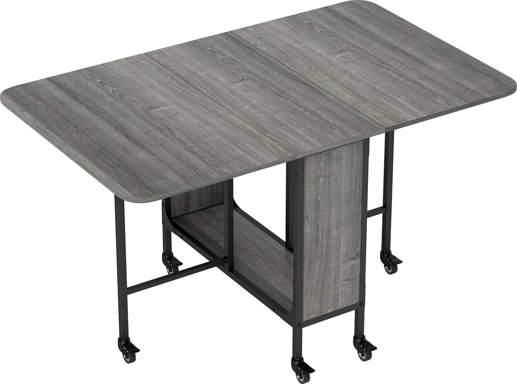 HOMCOM Masă Pliabilă, Rabatabilă pentru 4-6 Persoane cu Raft și 6 Roți, din Lemn și Metal, 130x80x74 cm, Gri | Aosom Romania