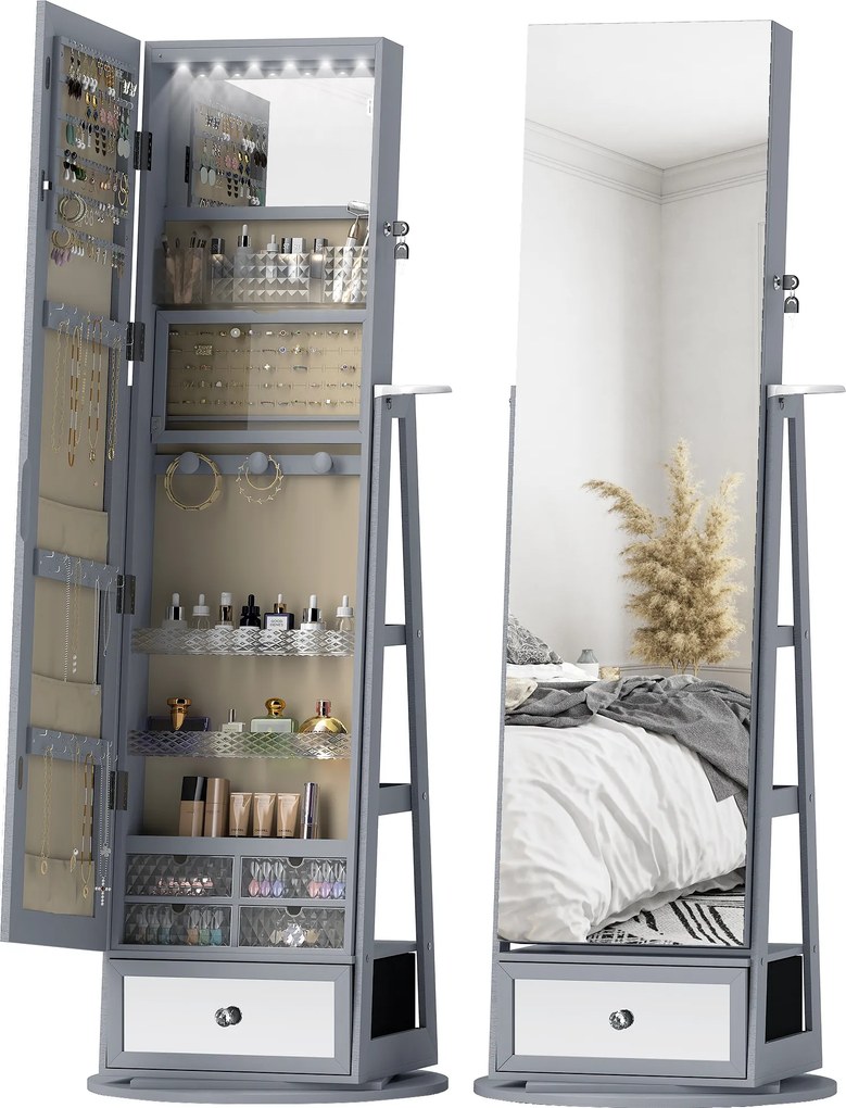 HOMCOM Oglindă portarbijuterii cu lumini LED Dulap portarbijuterii cu oglindă completă Rotativ de 360° Sertar Încuietoare Gri deschis | Aosom Romania