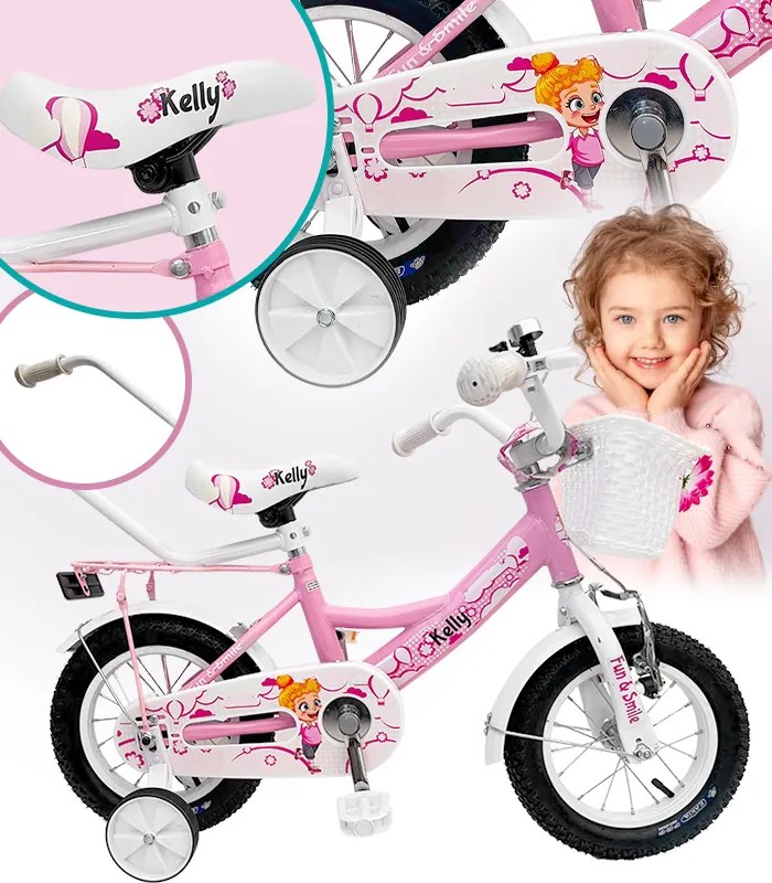 Bicicletă pentru copii cu roți auxiliare, bară de ghidare, coș și clopoțel 12 – pre deti od 2,5 do 4 rokov