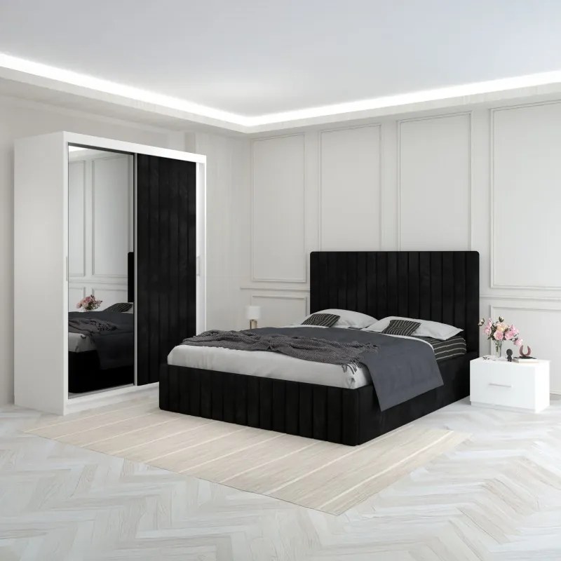 Set Mobila De Dormitor Luca Negru, pat tapitat 160x200cm,  dulap cu oglinda 150x210cm, noptiere