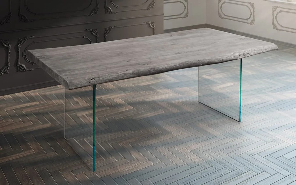 Masă lemn masiv Dining Roger Stejar Picioare Sticlă 200/220/240/, 260 × 100 × 78 cm - 180x80