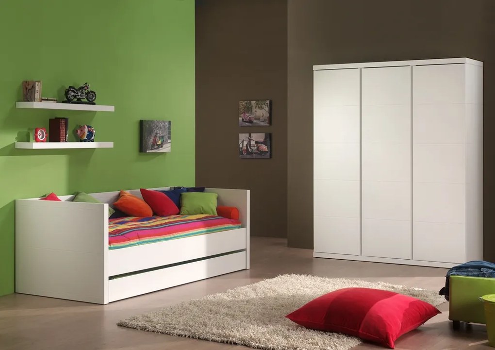 Set LARA format dintr-un Pat copii căpitan (90x200) cu sertar, un Dulap camera copii cu 3 uși și 2 rafturi de perete.