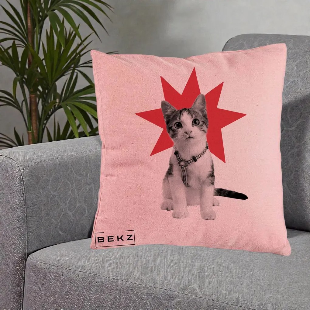 Perna Decorativa Pisica Star Pop Art, 40x40 cm, Roz, Husa Detasabila, Perna Inclusa, BEKZ®
