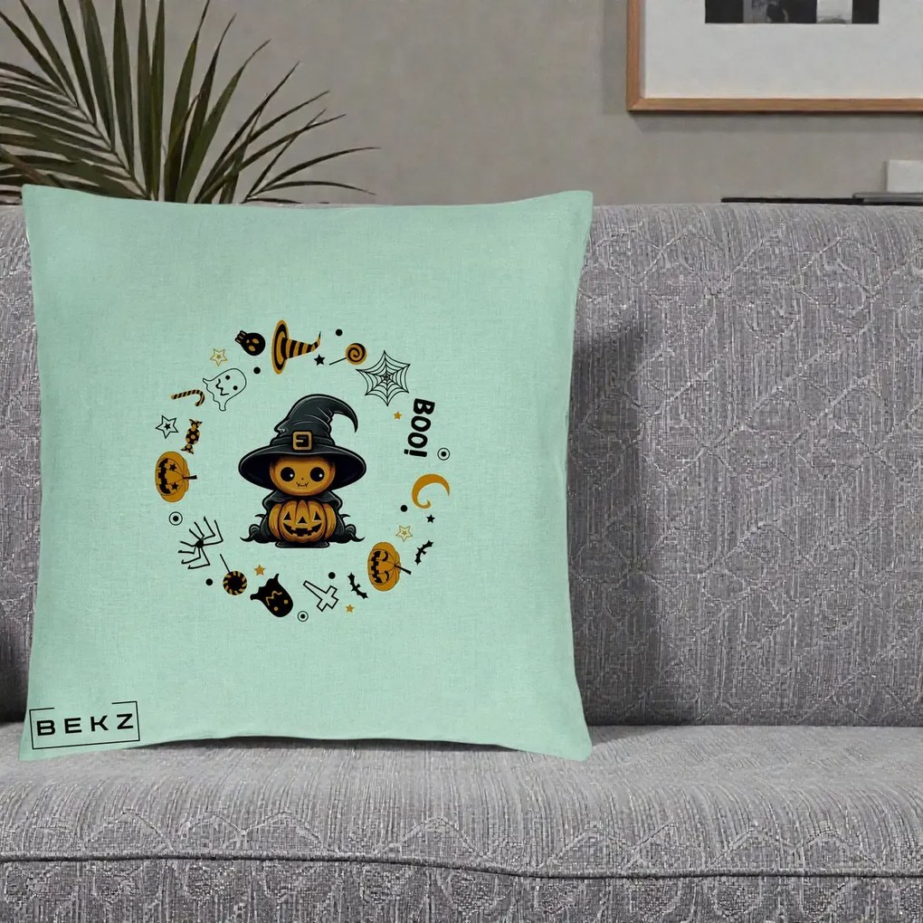 Perna Decorativa Halloween Dovleac Vrajitor Boo cu Simboluri, 40x40 cm, Verde Menta, Husa Detasabila, Perna Inclusa, BEKZ®