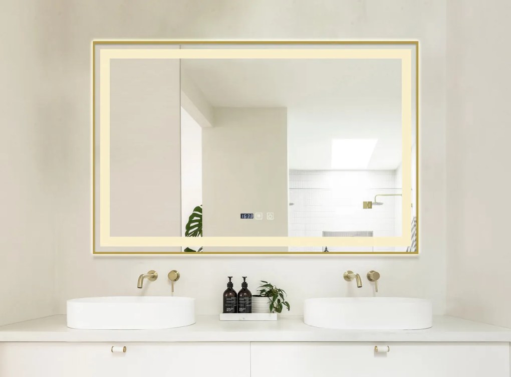Oglindă Baie LED și Dezaburire Elit's Premium cu Senzor Touch, Lumina Rece, Caldă și Neutră, 100x80 cm, cu rama Bronz Gold Antichizat, Ceas