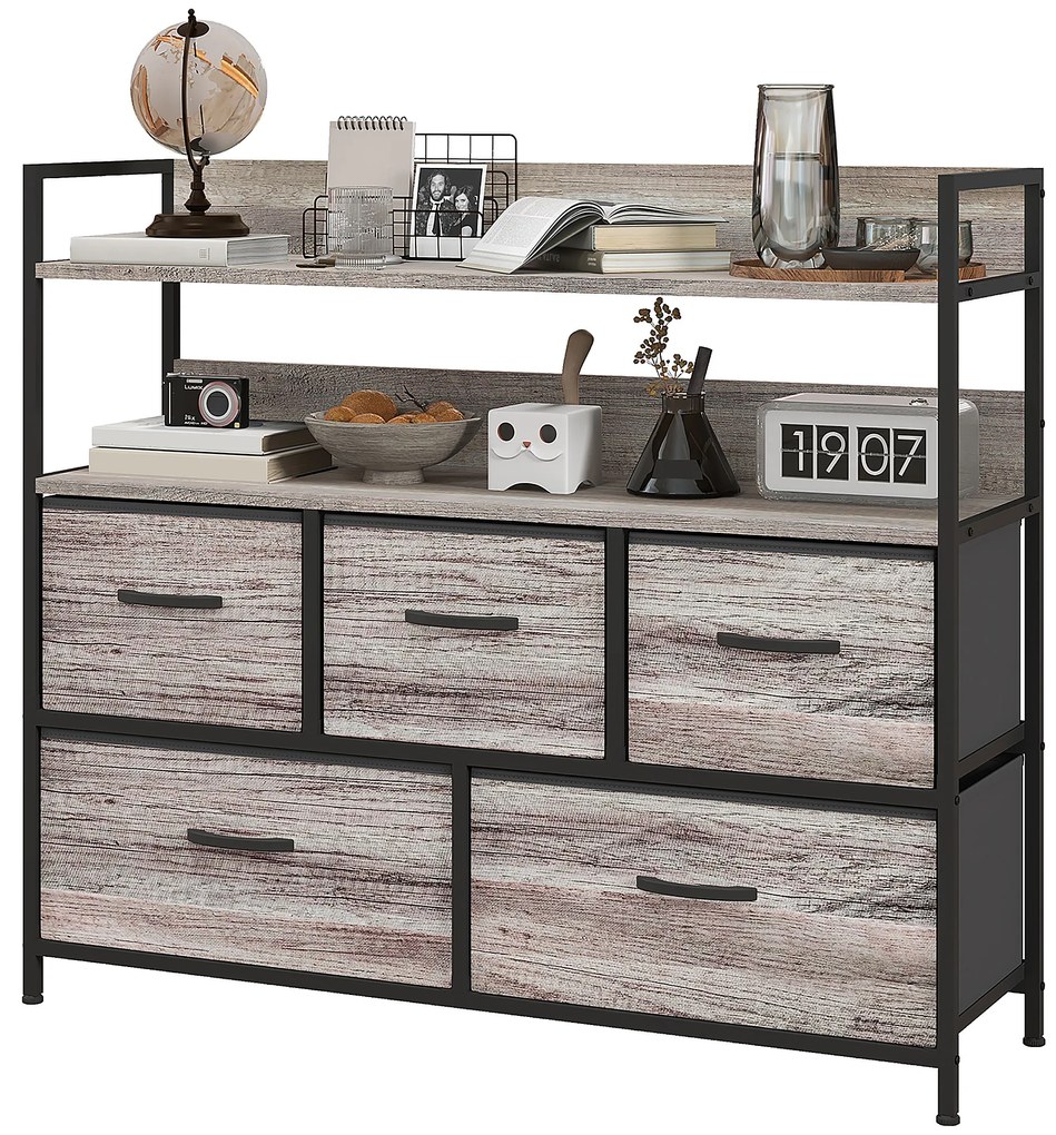 HOMCOM Mobilier de depozitare stil industrial comoda 5 sertare din material textil pliabile și detașabile și rafturi - 98l x 29P x 85H cm | Aosom Romania
