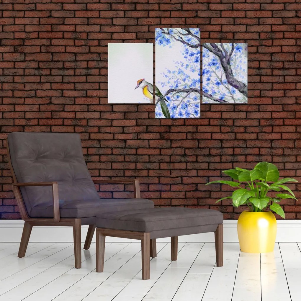 Tablou - Pasăre pe un copac cu flori albastre (90x60 cm)