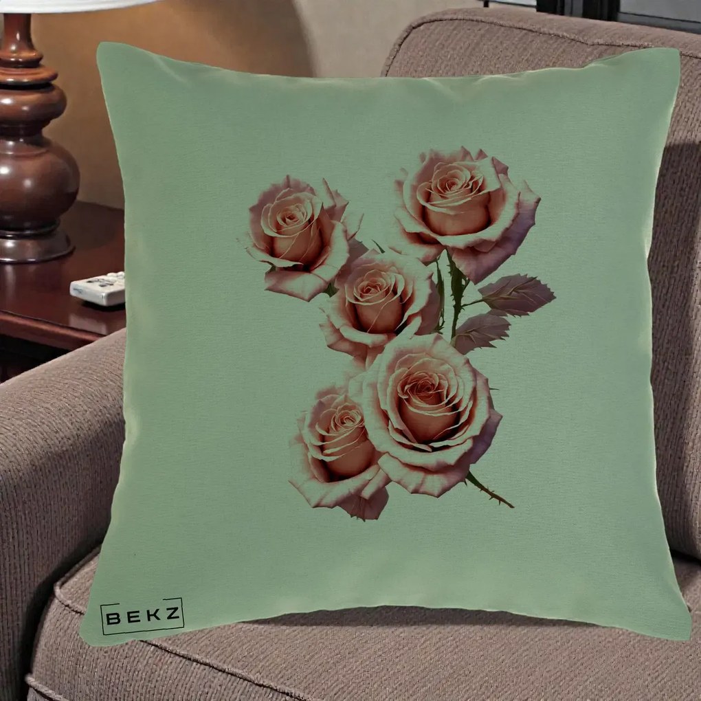 Perna Decorativa Trandafiri Roz Pastel Acuarela, 40x40 cm, Verde, Husa Detasabila, Perna Inclusa, BEKZ®