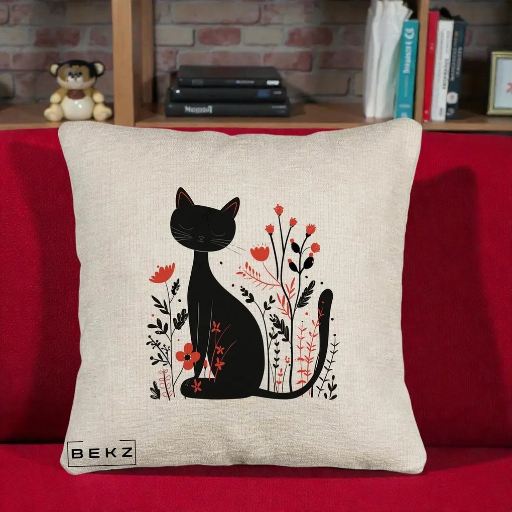 Perna Decorativa Pisica Neagra Flori Rosii Folk Minimal, 40x40 cm, Bej Canapea, Husa Detasabila, Perna Inclusa, BEKZ®