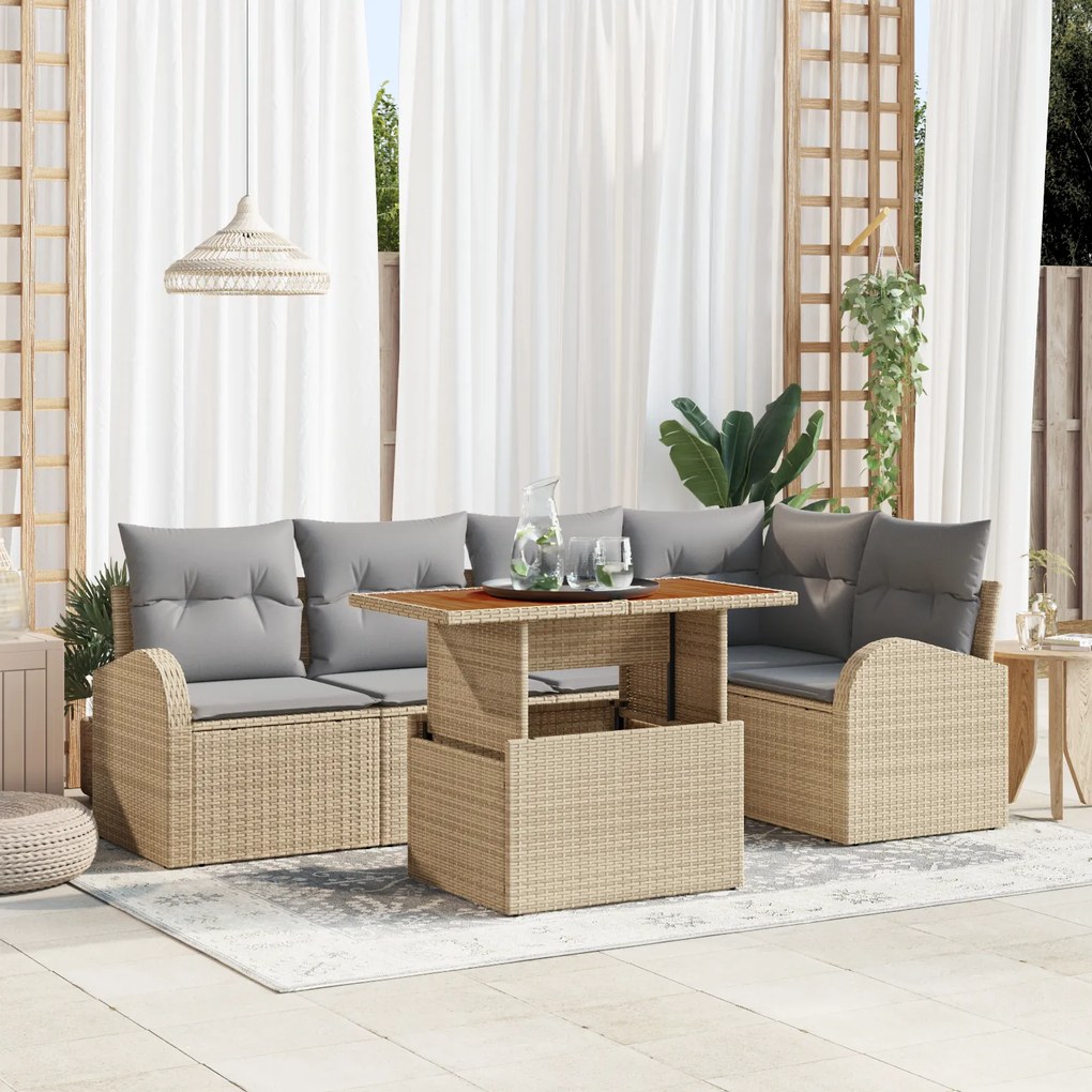 vidaXL Set de Masă Grădină cu 6 Piese și Pernă Bej Poli Ratan Acacia