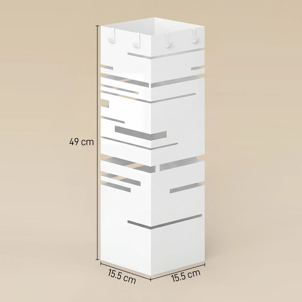 HOMCOM Suport pentru umbrele metalic cu 4 cârlige și tavă colectoare detașabilă pentru hol, birou 15,5x15,5x49 cm Alb | Aosom Romania