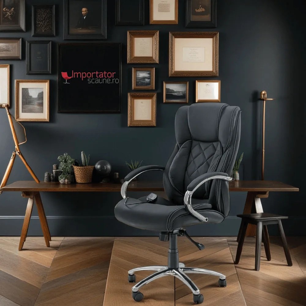 Scaun directorial negru cu masaj OFF 933 – Confort sporit, 6 puncte vibro-masaj, piele ecologică premium