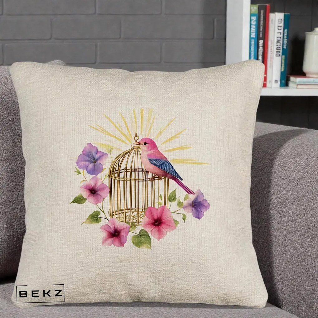 Perna Decorativa Pasare Roz pe Colivie Aurie cu Flori, 40x40 cm, Bej Canapea, Husa Detasabila, Perna Inclusa, BEKZ®
