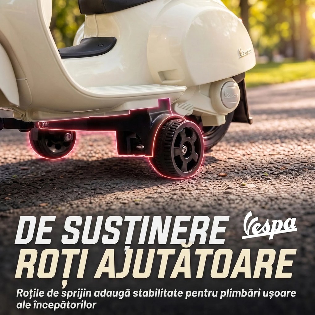 AIYAPLAY Motocicletă electrică pentru copii 1.5-3 ani mini Vespa GTS 7.2V, cu baterie litiu, spătar, roți ajutătoare, far, claxon, 2.5km/h, max. 25 Kg, alb crem | Aosom Romania