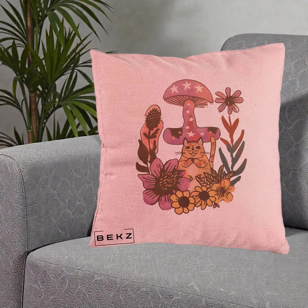 Perna Decorativa Ciuperca Pisica Boho, 40x40 cm, Roz, Husa Detasabila, Perna Inclusa, BEKZ®