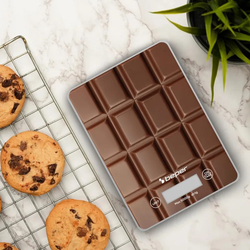 Cantar de bucatarie Beper P102BIL002, Pana la 5 kg, g/lb, Afisaj LCD, TAPA, Auto-off, Maro