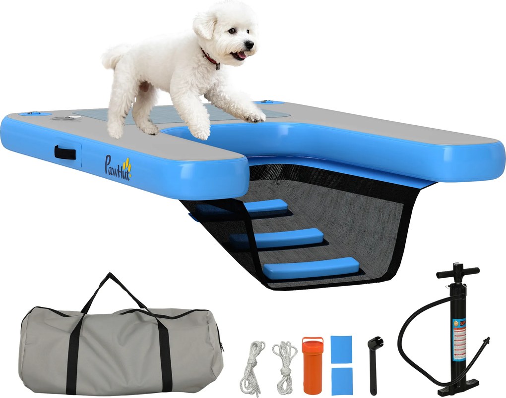 PawHut Rampă gonflabilă pentru plută pentru câini, platformă plutitoare pentru sporturi nautice 120 x 90 x 10 cm albastru și gri | Aosom Romania