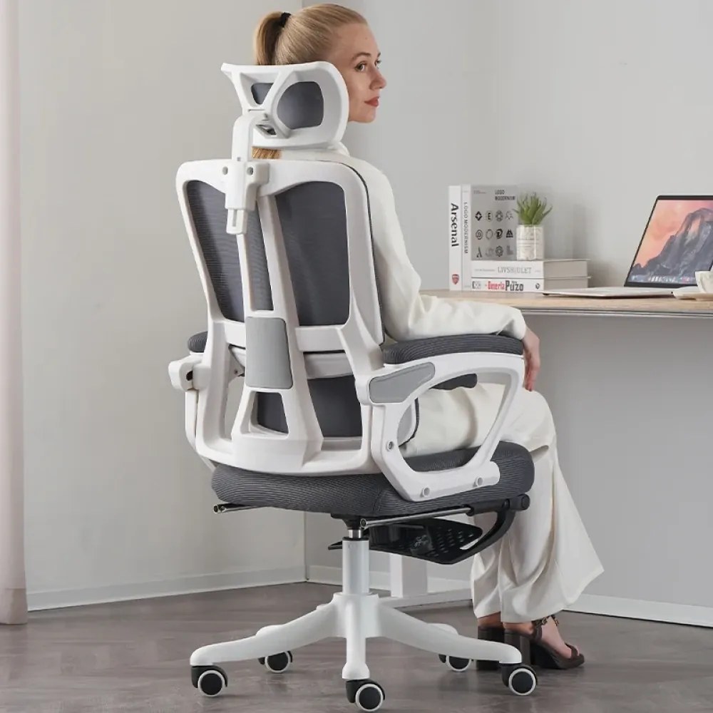 Scaun ergonomic cu suport lombar, tetieră reglabilă, suport pentru picioare, pivotant, Mesh, Alb/Gri