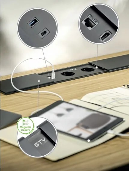 Priza incorporabila dreptunghiulara, 2 prize schuko, USB A+C, priza RJ45 cat 6, HDMI, cablu 1.5 m, capac magnetic, alba, GTV