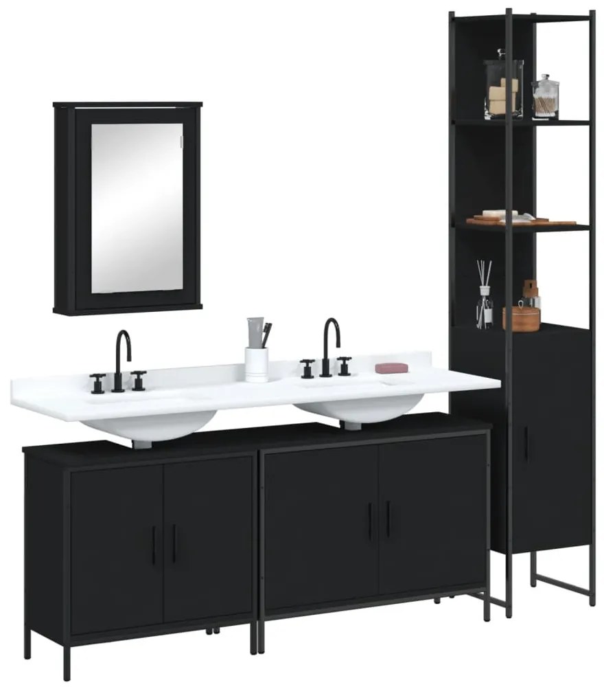 vidaXL Set mobilier de baie, 4 piese, negru, lemn prelucrat
