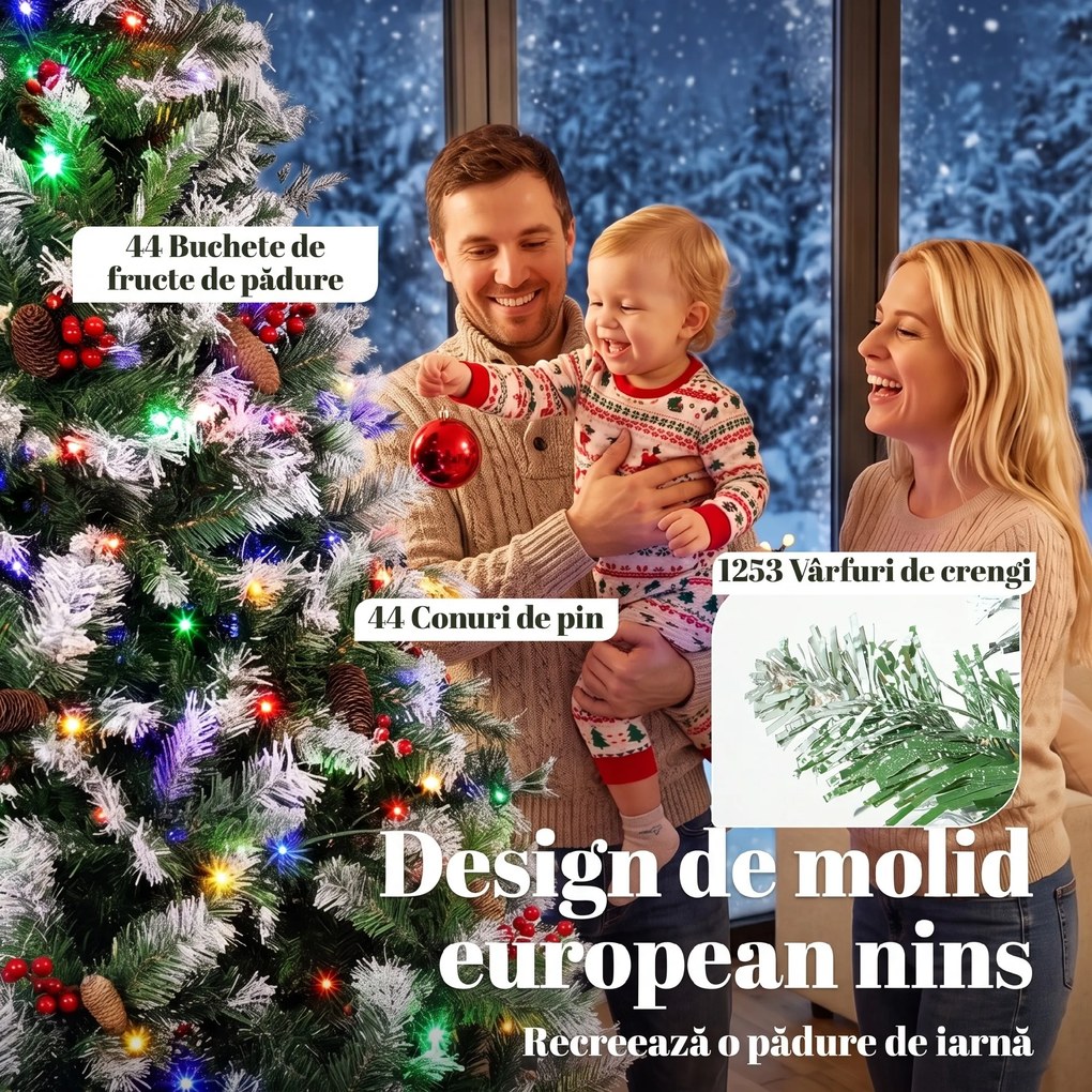 HOMCOM Brad de Crăciun Înzăpezit 210 cm, 400 de Lumini LED Bicolore, Telecomandă, 11 Modalități, 1253 de Ramuri, Conuri de Pin, Fructe Roșii | Aosom Romania