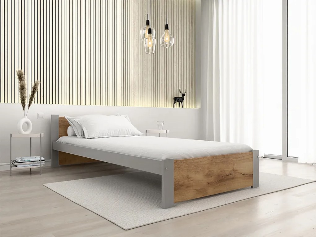 Pat de o persoana IKAROS 90 x 200 cm, stejar artisan/gri Saltele: Fara saltea, Somiera pat: Cu lamele curbate