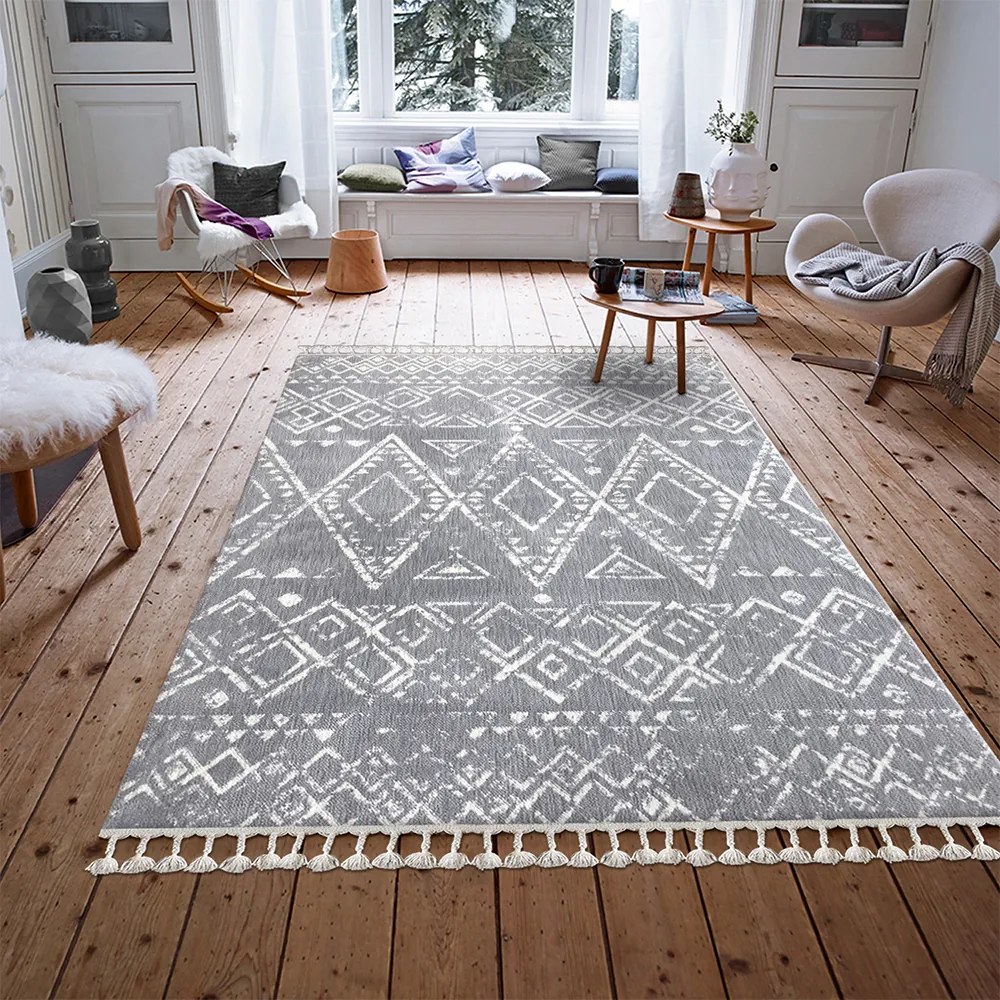Covor dreptunghiular Maddy, 200x290, oriental, gri deschis, alb, poliester