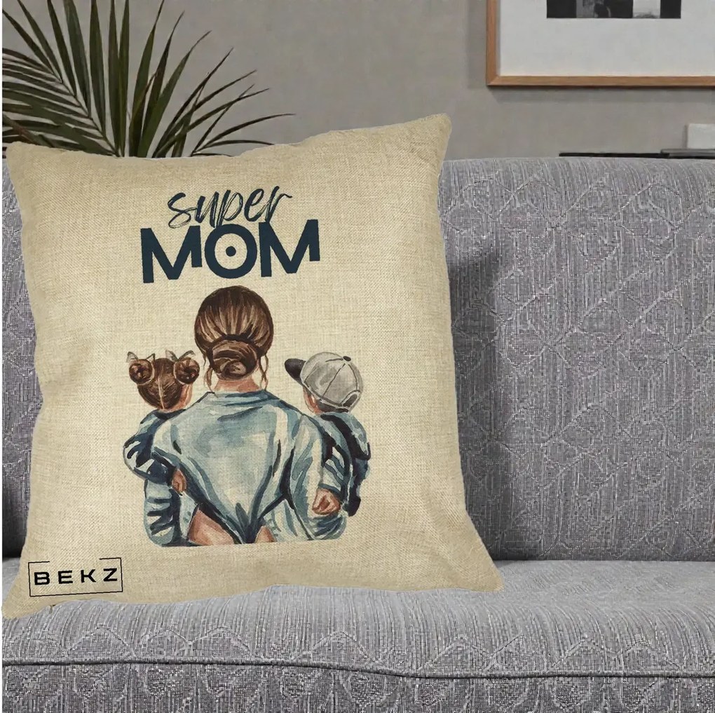 Cadou pentru Mama - Perna Personalizata Super Mom, 40x40 cm, Crem, Husa Detasabila, Perna Inclusa, BEKZ®