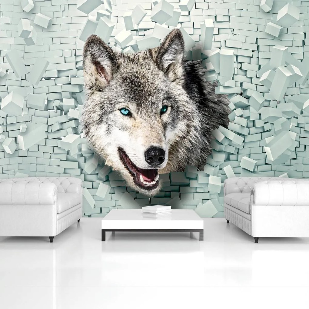 Fototapet - Lup iese din 3D perete (152,5x104 cm)
