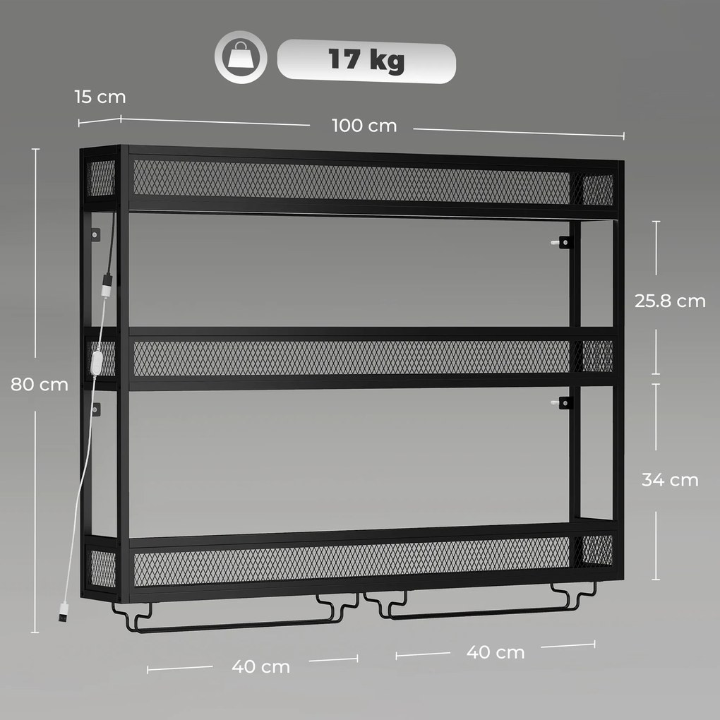 HOMCOM Suport de perete pentru vin cu LED, stil industrial, metal negru | Aosom Romania