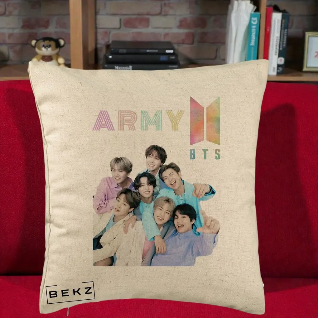Perna Personalizata K-pop BTS ARMY Fotografie Grup Veseli, 40x40 cm, Bej, Husa Detasabila, Perna Inclusa, BEKZ®