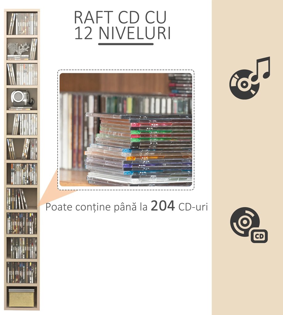 HOMCOM Dulap Biblioteca Suport CD-uri cu 12 Rafturi pentru 204 CD-uri, Raft Biblioteca din MDF si PAL, 21x20x175 cm, Lemn natural