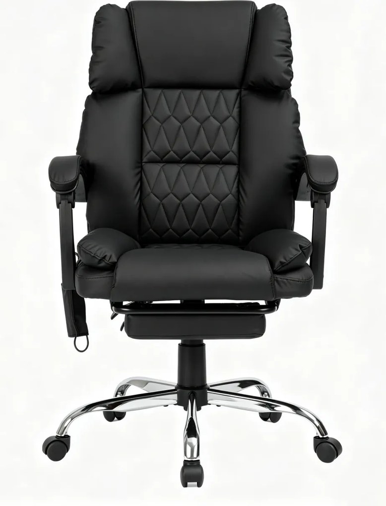 PRESTIGE CONFORT OC-514 – Scaun directorial cu Masaj în 7 puncte, Telecomandă, mecanism multifuncțional, reglare pe înălțime, suport pentru picioare, bază cromată, tapițerie PU, Negru
