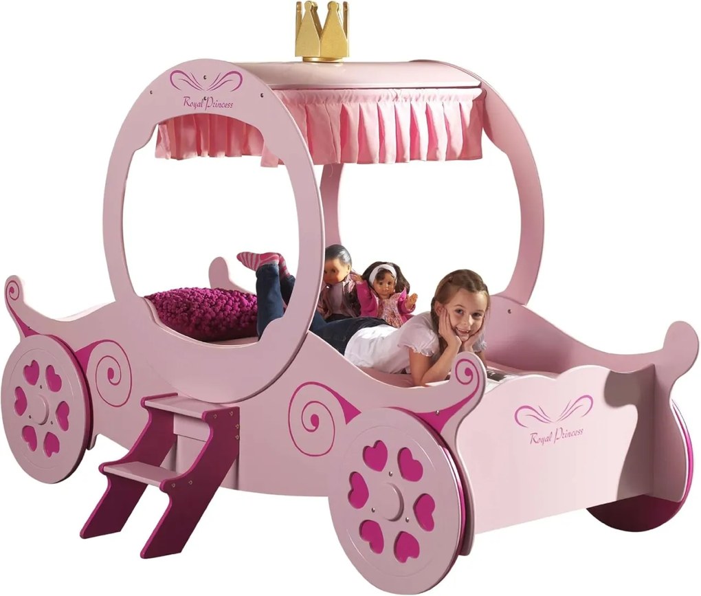 Pat Calească Royal Princess Kate pentru Copii, 90x200 cm, Roz (MDF) – Auto – Vipack