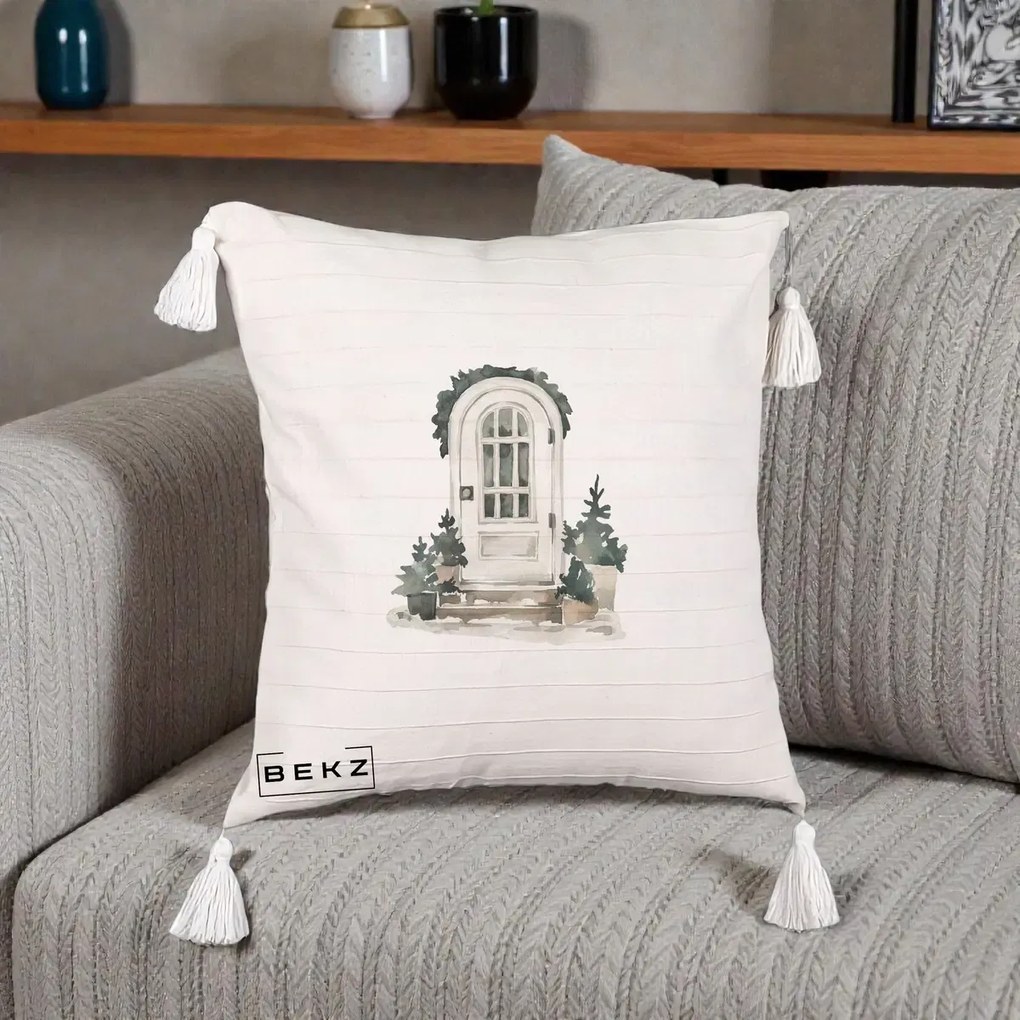 Perna Decorativa Usa de Iarna Watercolor, 40x40 cm, Bej cu Franjuri, Husa Detasabila, Perna Inclusa, BEKZ®