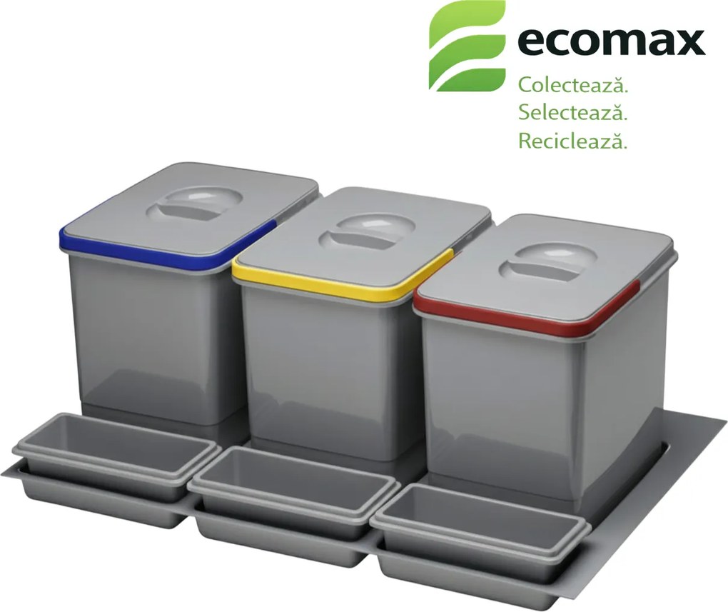 Cos gunoi incorporabil in sertar, Ecomax Praktico Antracit 800, colectare selectiva, 3 x 15 l Plastic, 800 mm, L:710 mm; A:475 mm; H:300 mm,