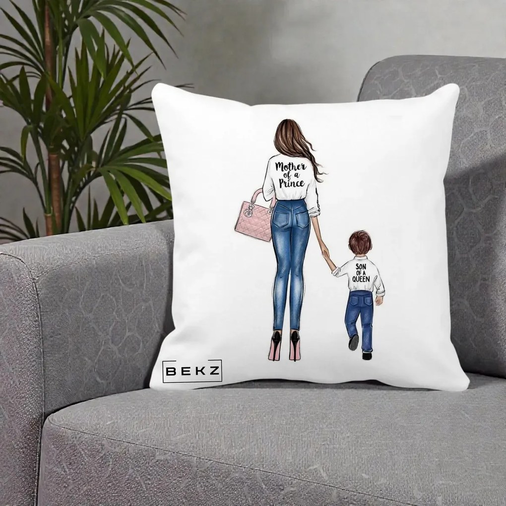 Cadou pentru Mama - Perna Personalizata Patrata Mother of a Prince, 40x40 cm, Alba Mata, Husa Detasabila, Perna Inclusa, BEKZ®